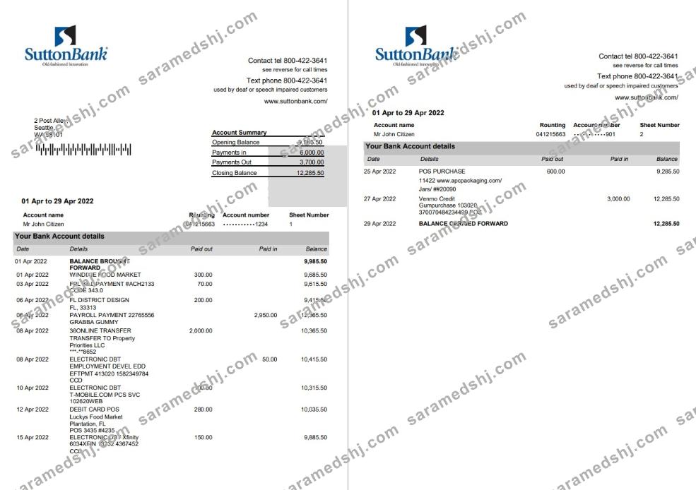 USA Sutton Bank Statement 2 pages